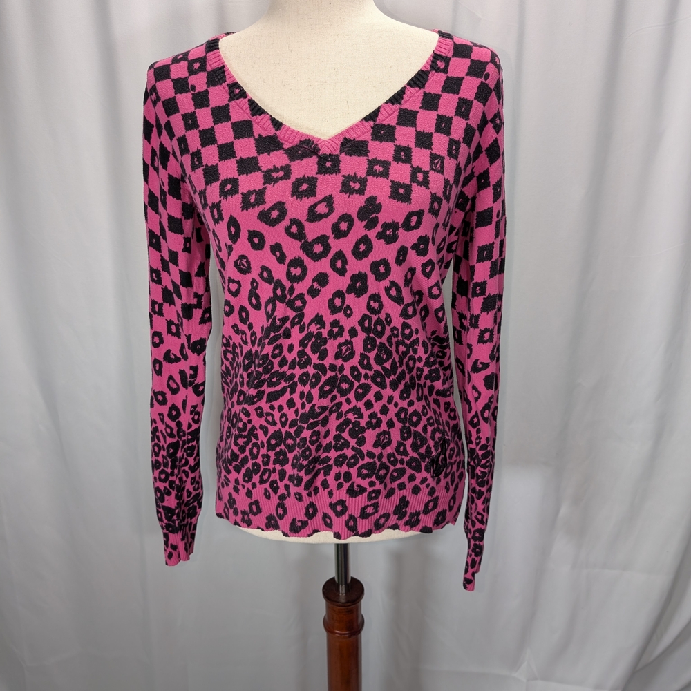 Volcom Pink and Black Checkered Leopard Sweater